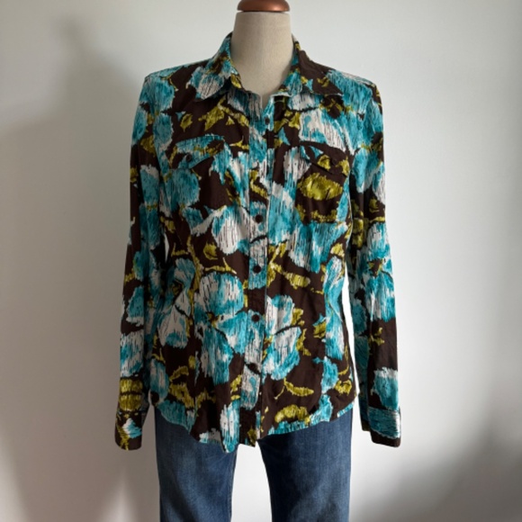 Jones New York Sport - Brown and Blue Floral Long Sleeve Button Down Shirt - Picture 3 of 11